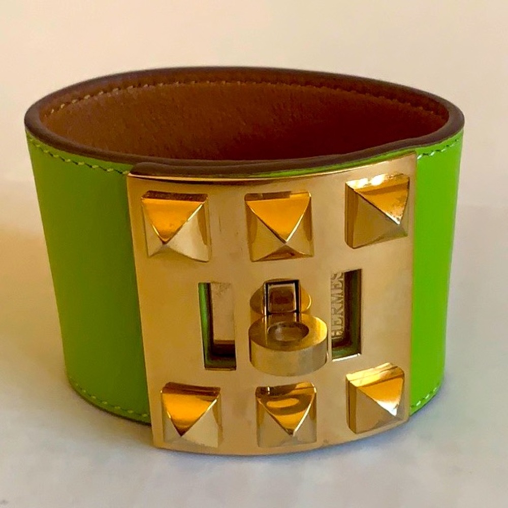Green Gold Tone Hardware Leather Cuff